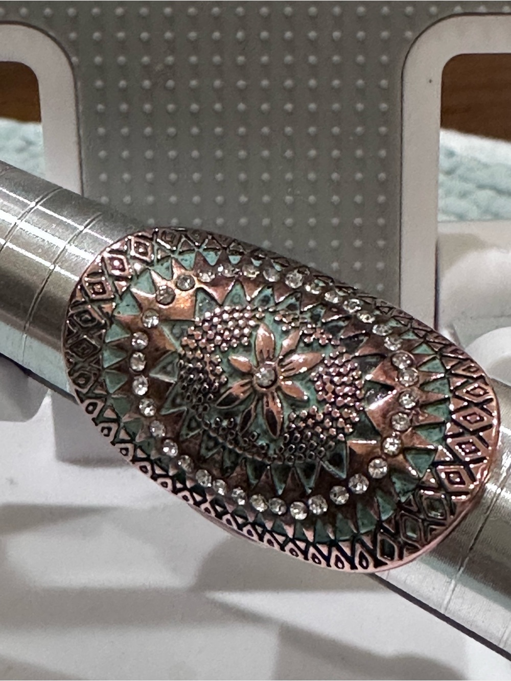 Ornate Copper Saddle Ring with Turquoise Patina - Size 8